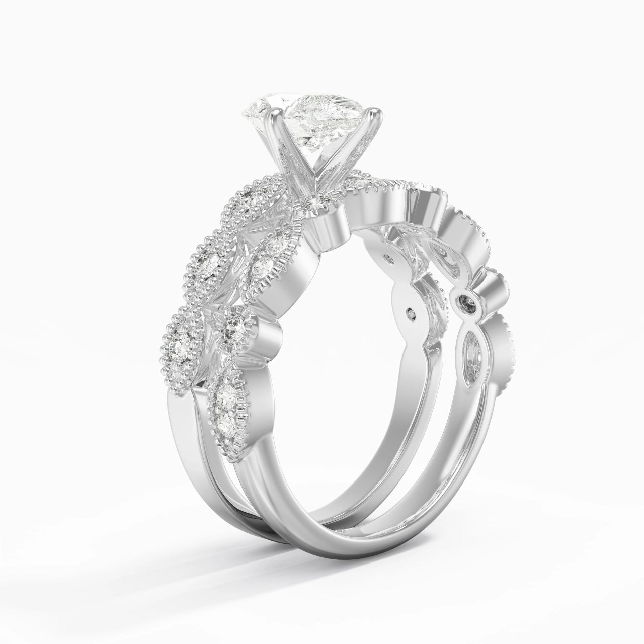 Antique Pear 2.00ct Moissanite Wedding Ring Set