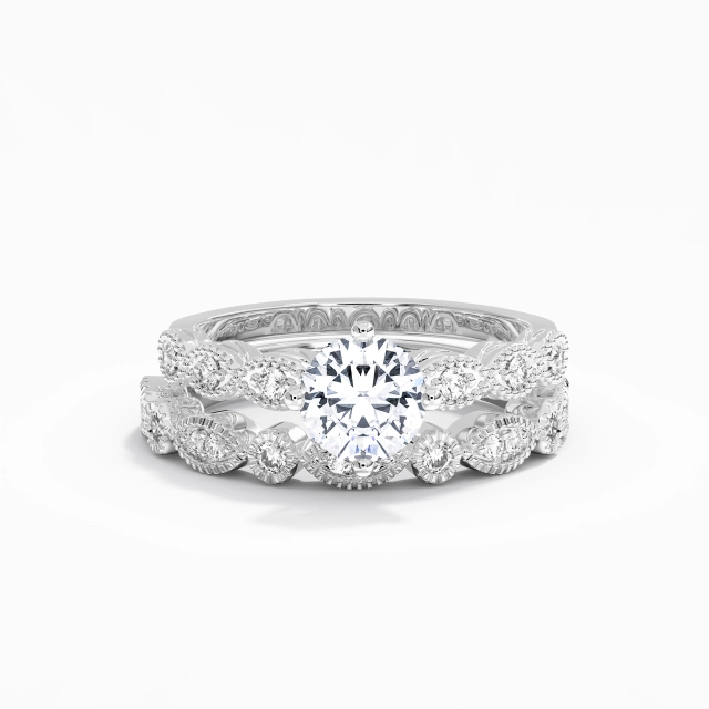 Antique Beaded Milgrain Round Moissanite Wedding Ring Set 1.00ct In White 14K White Gold East West