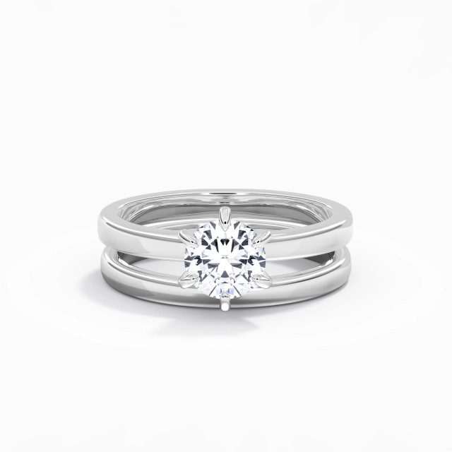 Simple Polish Platinum Bridal Set Round White Solitaire Prong Traditional Shank