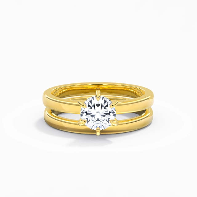 Simple Polish 14K Gold Bridal Set Round White Solitaire Prong Traditional Shank
