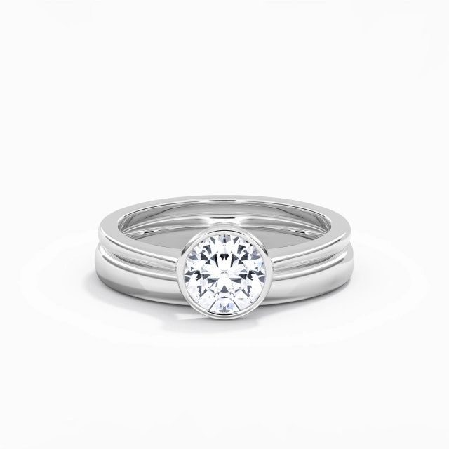Traditional Shank Classic Solitaire Bezel Bridal Set Moissanite 1.00ct Round 14K White Gold