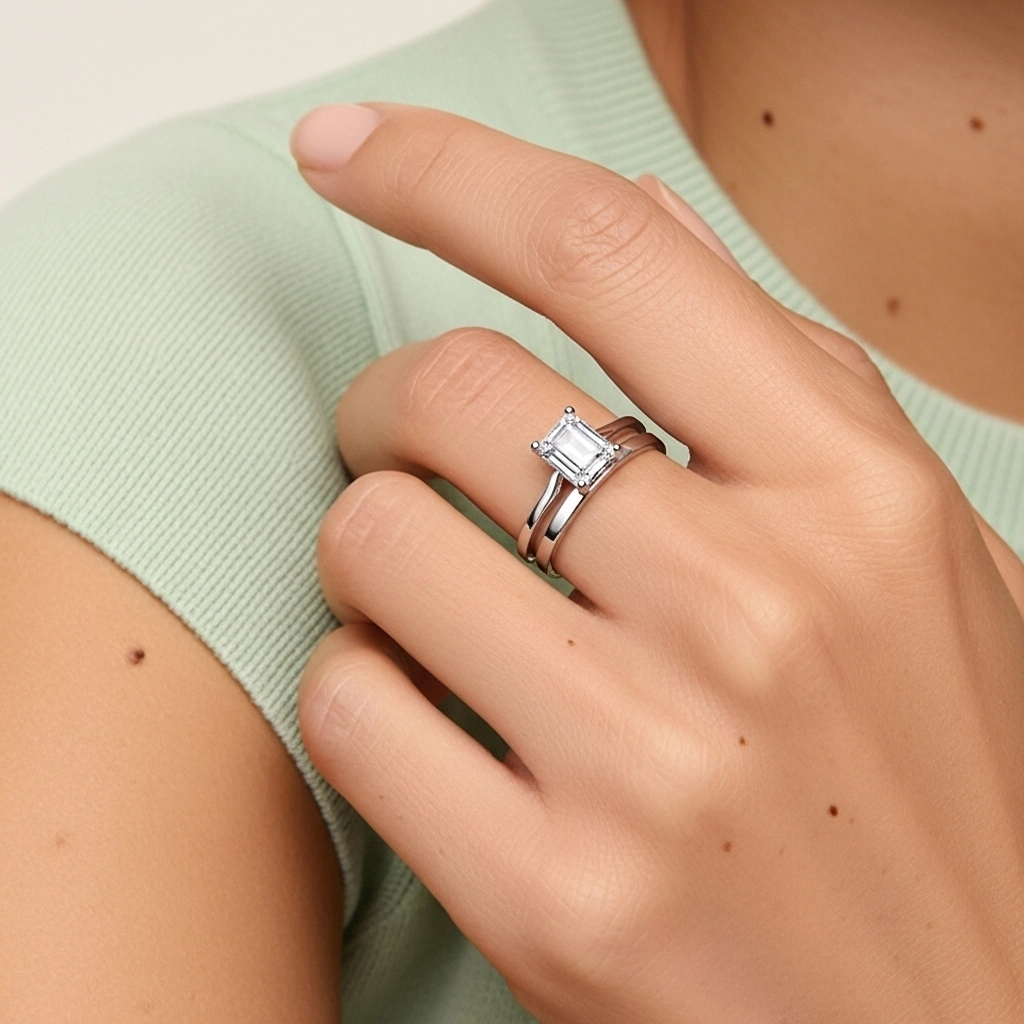 Oro blanco 14K Solitario Pata tradicional Conjunto Nupcial