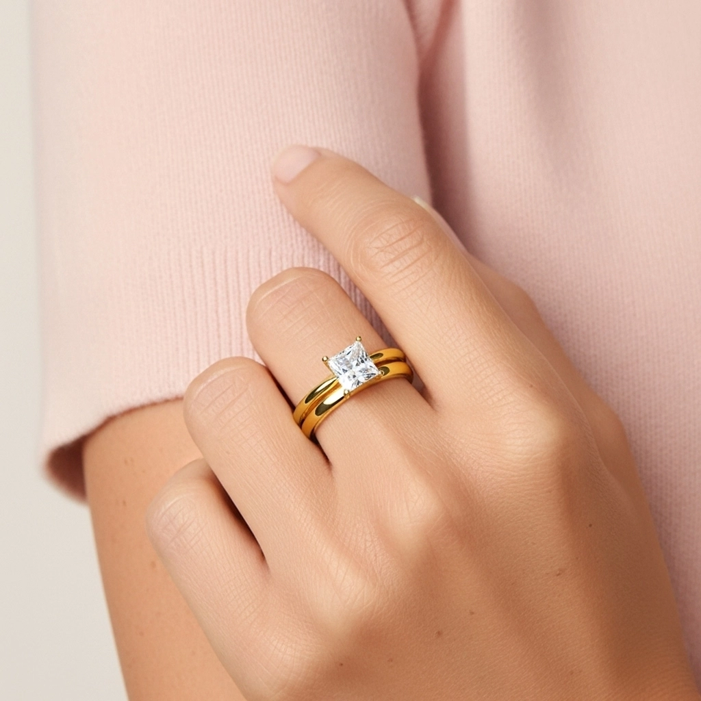 Oro 14K Solitario Pata tradicional Conjunto Nupcial