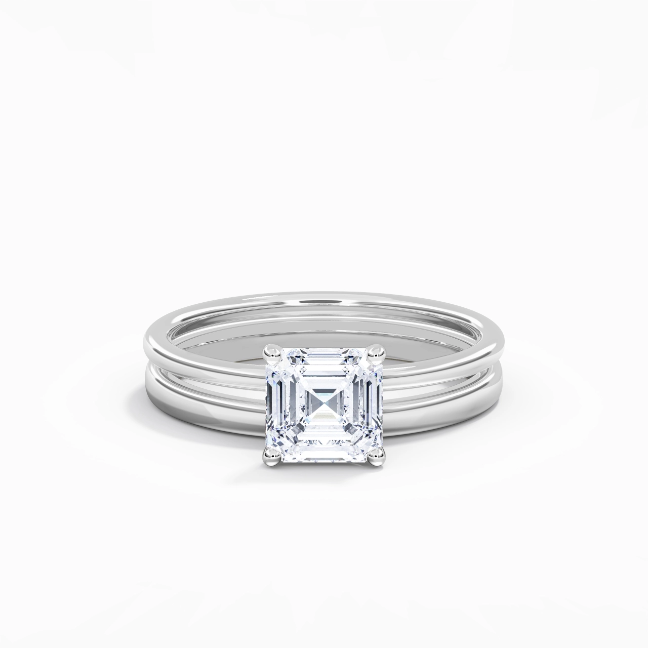 14K White Gold Hidden Halo Traditional Shank Wedding Ring Set