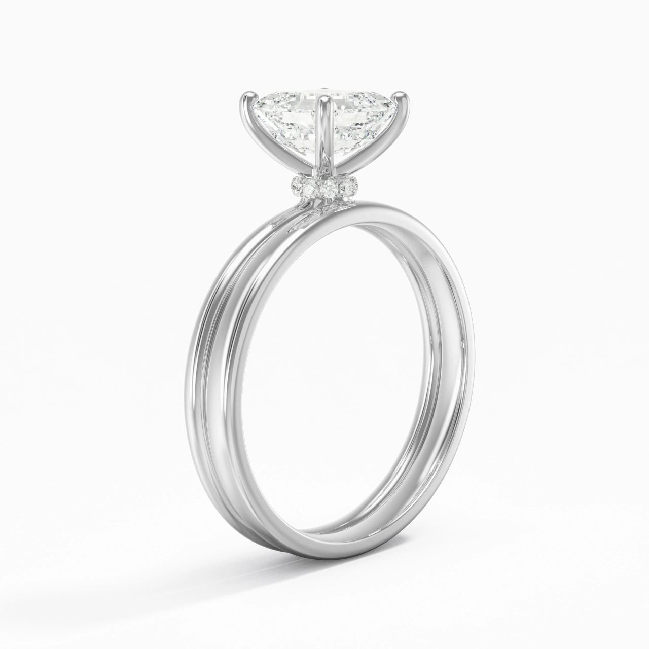 14K White Gold Hidden Halo Traditional Shank Wedding Ring Set