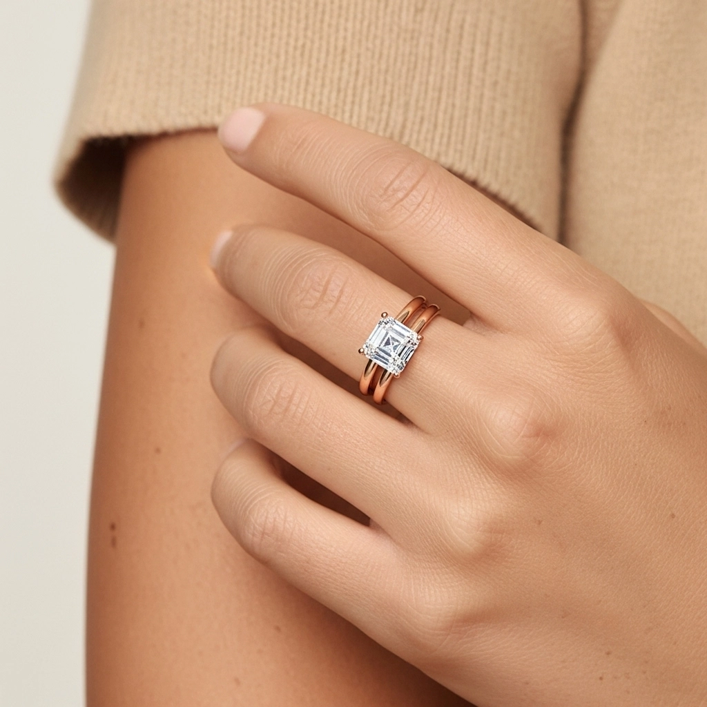 14K Rose Gold Hidden Halo Traditional Shank Wedding Ring Set