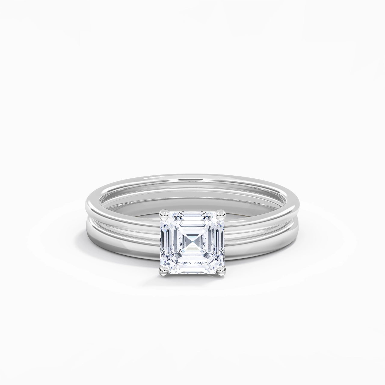 14K White Gold Hidden Halo Traditional Shank Wedding Ring Set