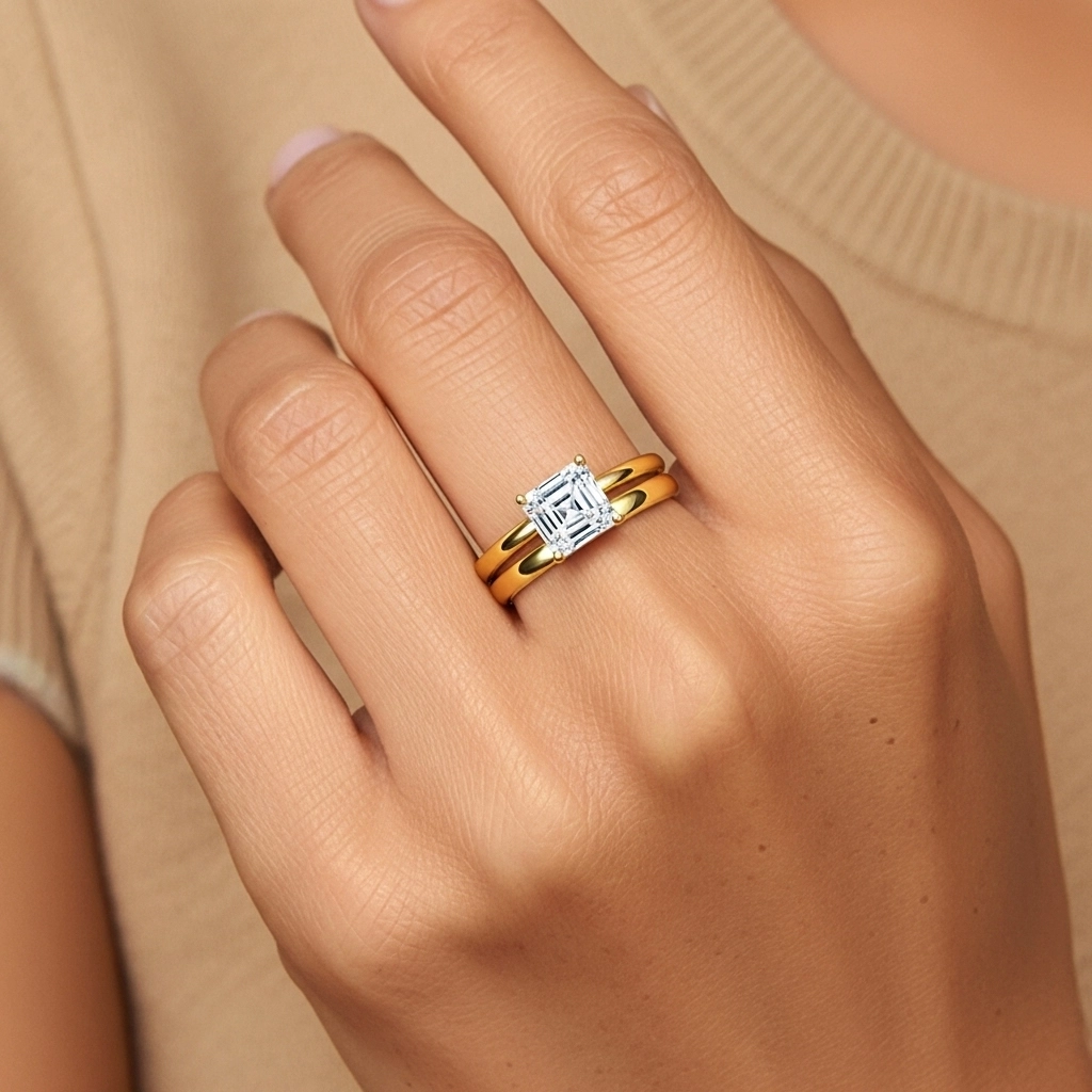 14K Gold Hidden Halo Traditional Shank Wedding Ring Set