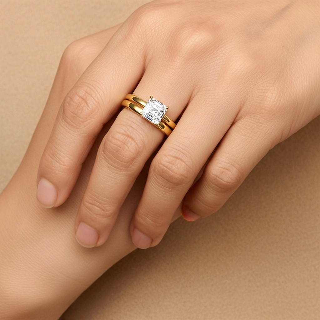 14K Gold Hidden Halo Traditional Shank Wedding Ring Set