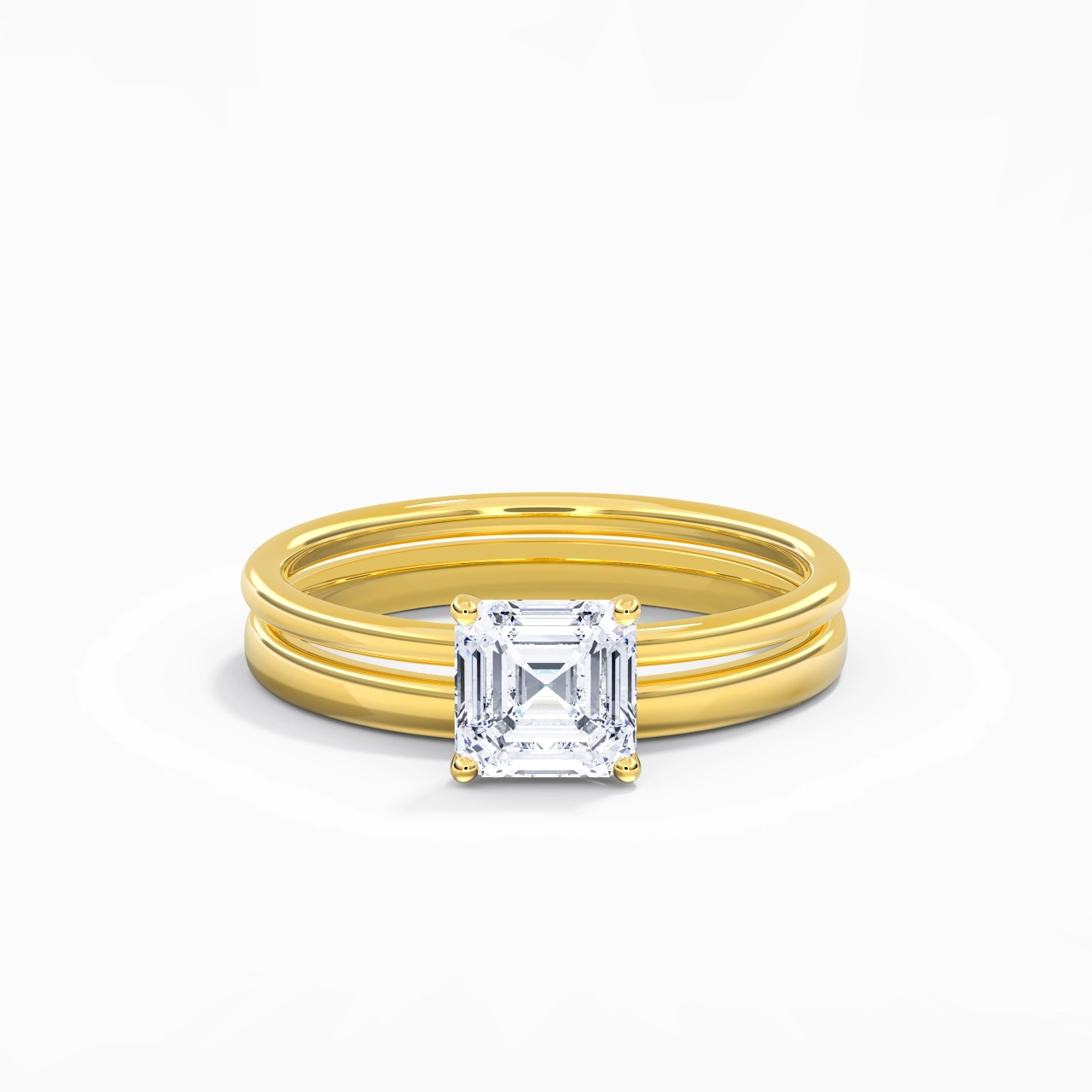 18K Gold Hidden Halo Traditional Shank Wedding Ring Set