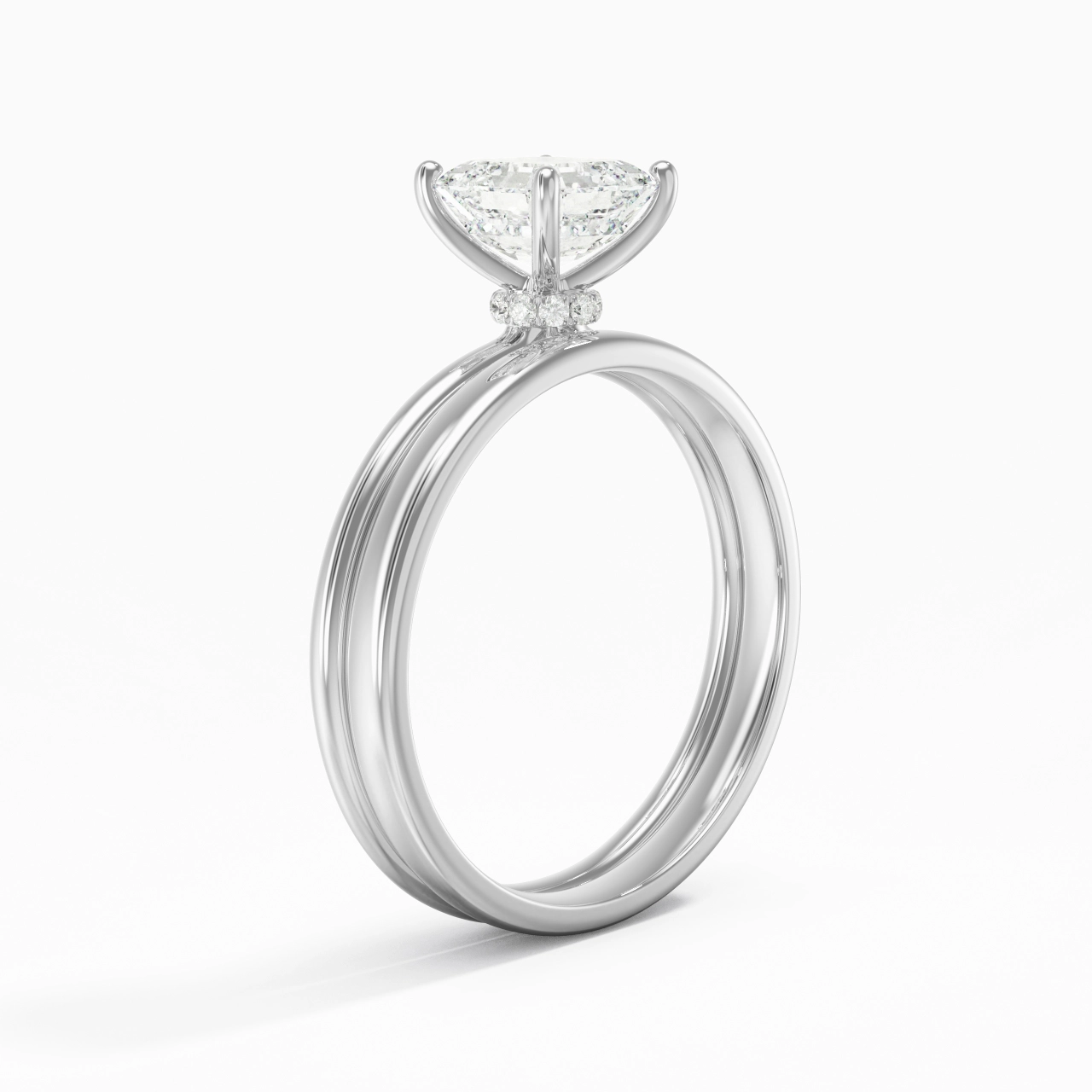 14K White Gold Hidden Halo Traditional Shank Wedding Ring Set