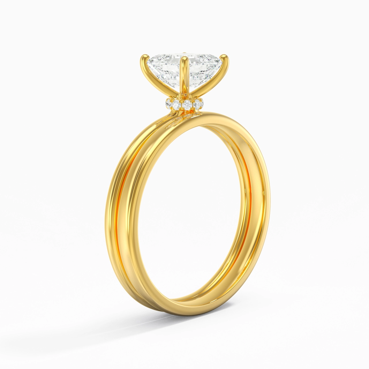 18K Gold Hidden Halo Traditional Shank Wedding Ring Set