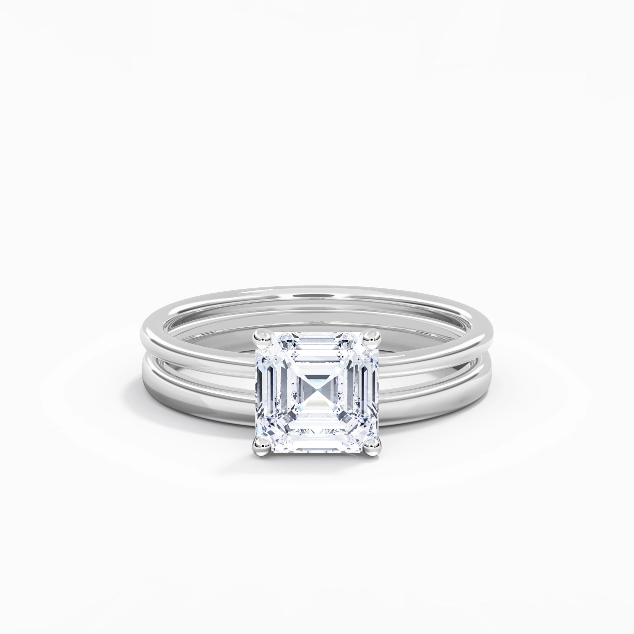 14K White Gold Hidden Halo Traditional Shank Wedding Ring Set