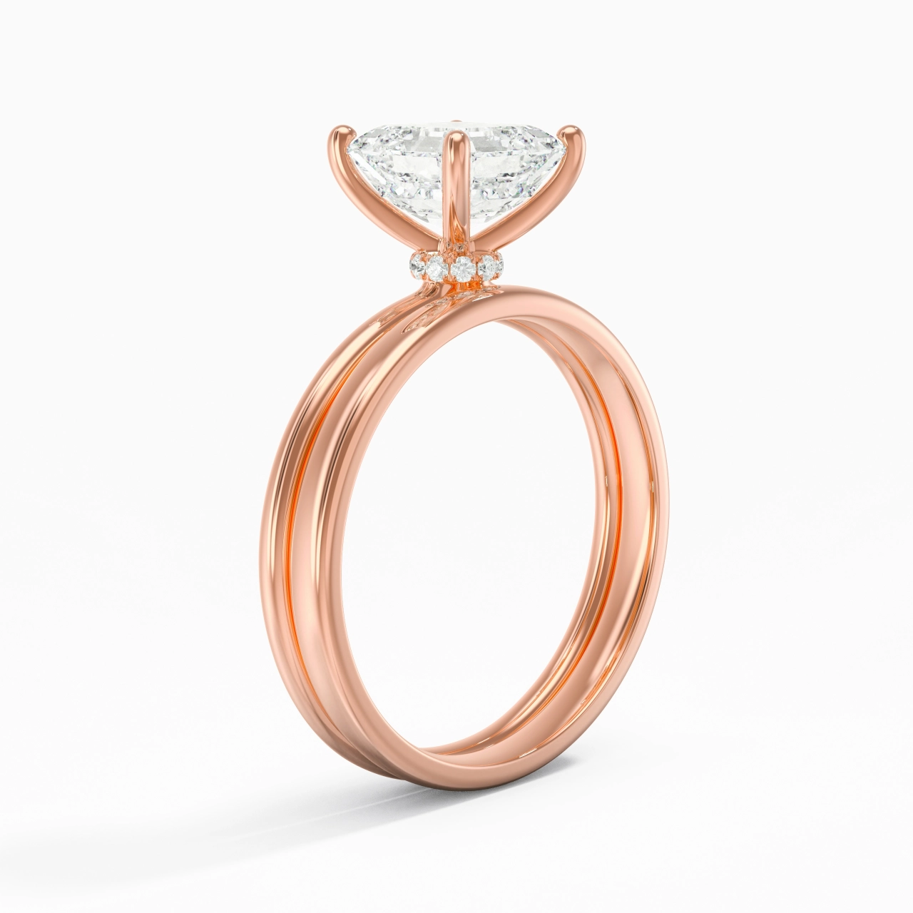 18K Rose Gold Hidden Halo Traditional Shank Wedding Ring Set