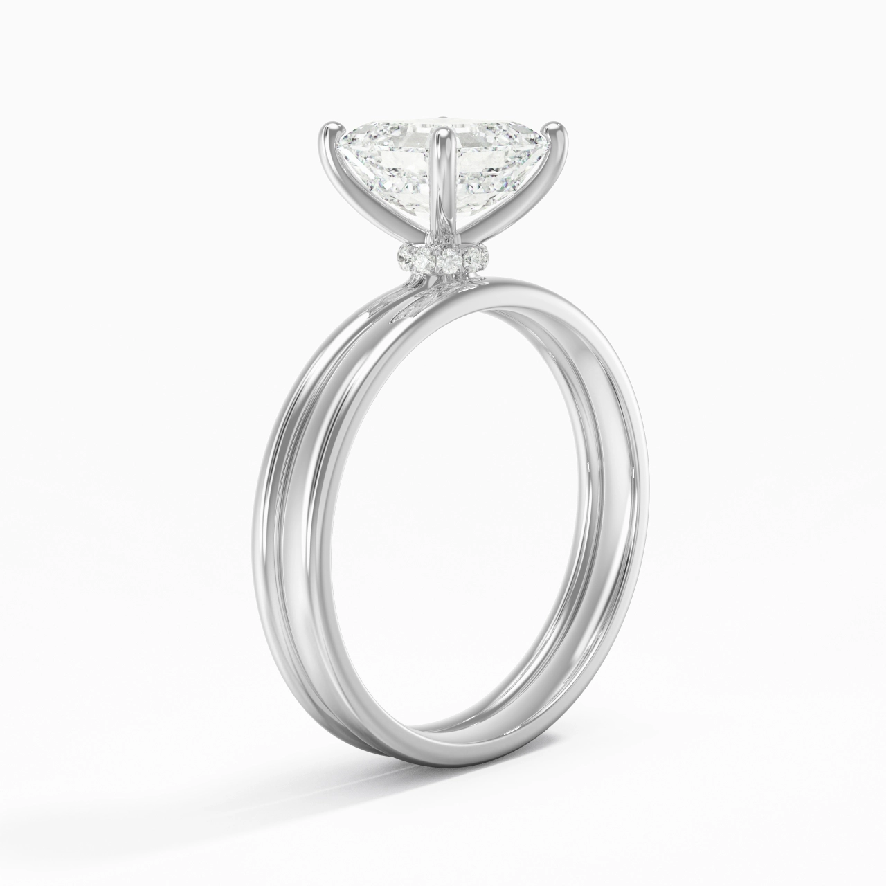 14K White Gold Hidden Halo Traditional Shank Wedding Ring Set