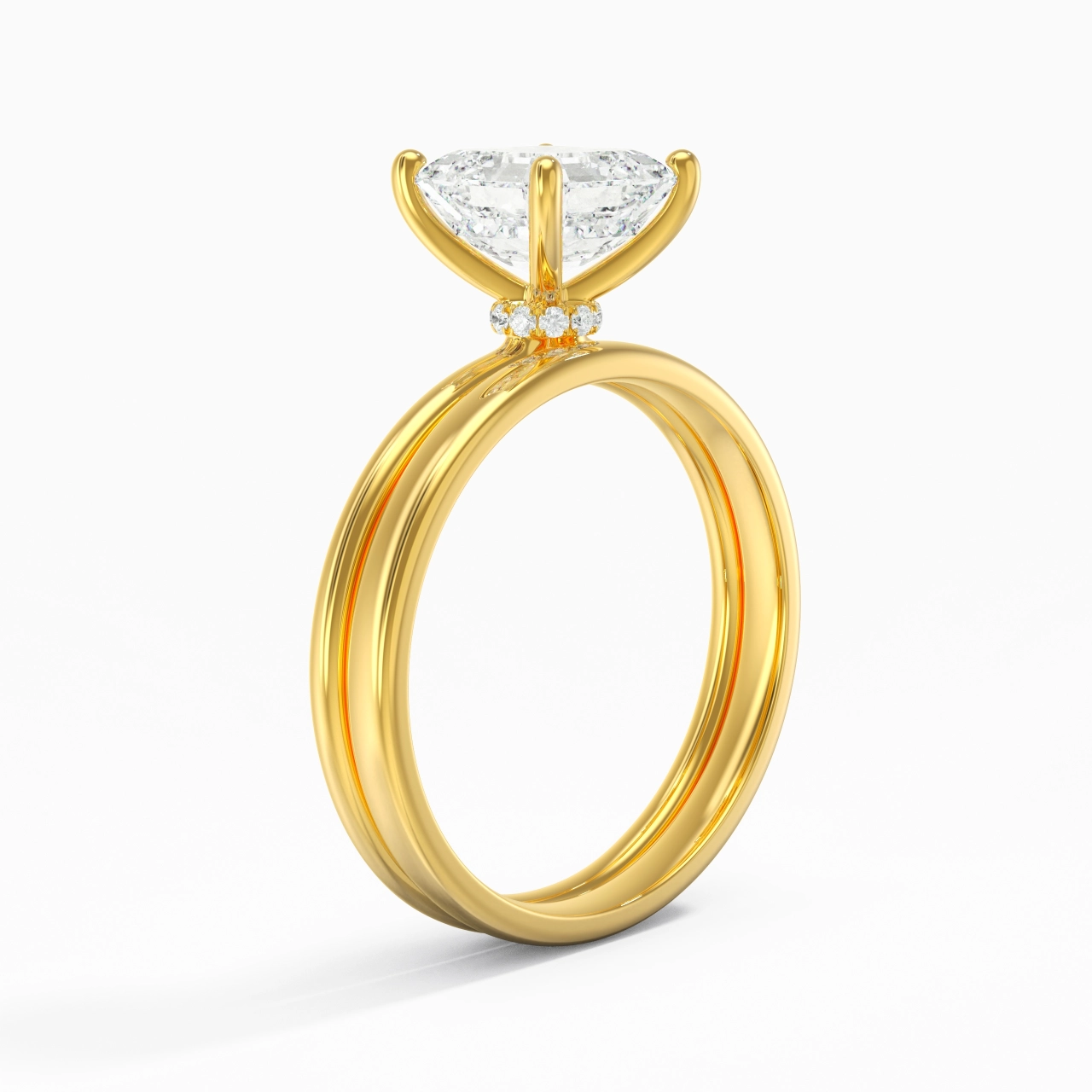 14K Gold Hidden Halo Traditional Shank Wedding Ring Set