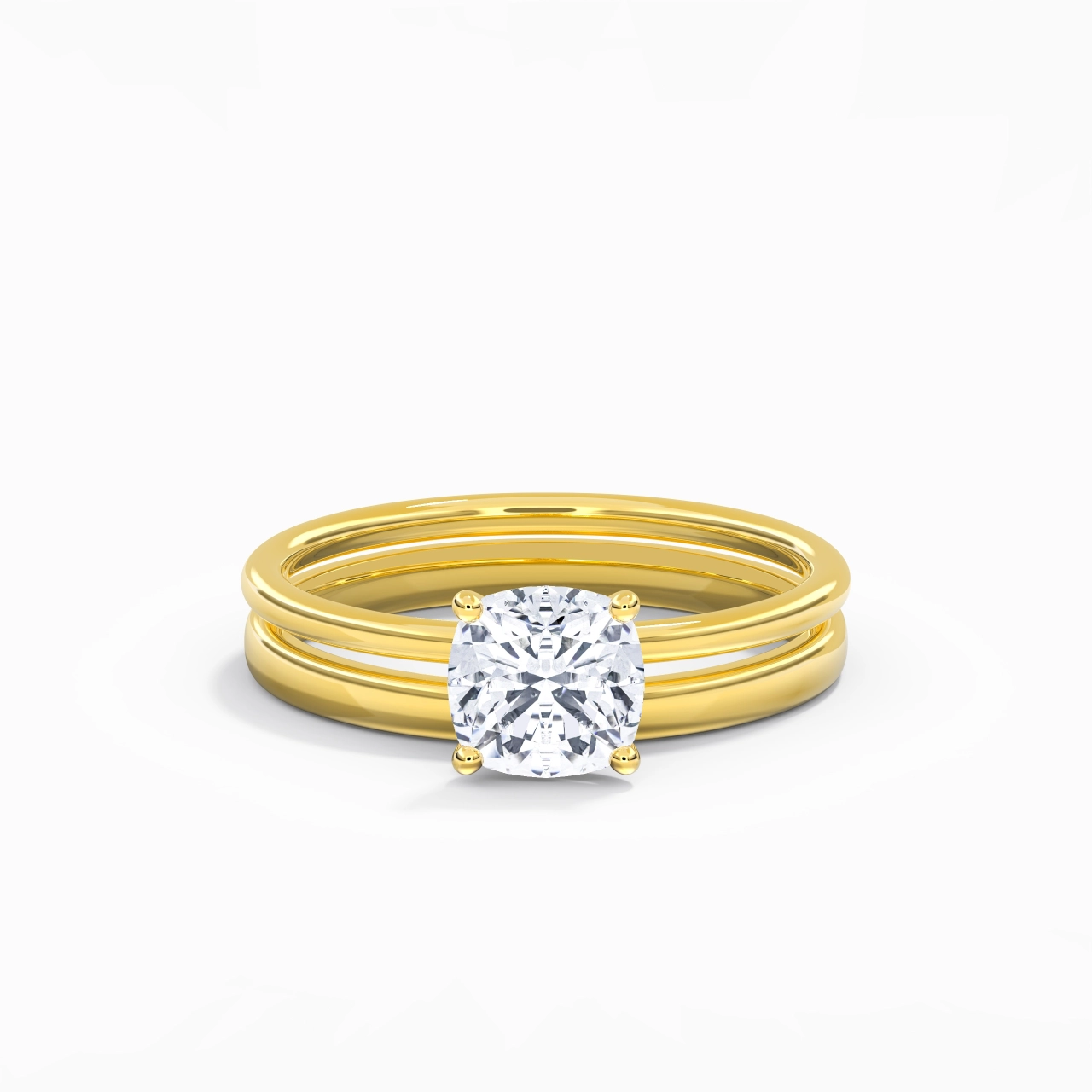 18K Gold Hidden Halo Traditional Shank Wedding Ring Set
