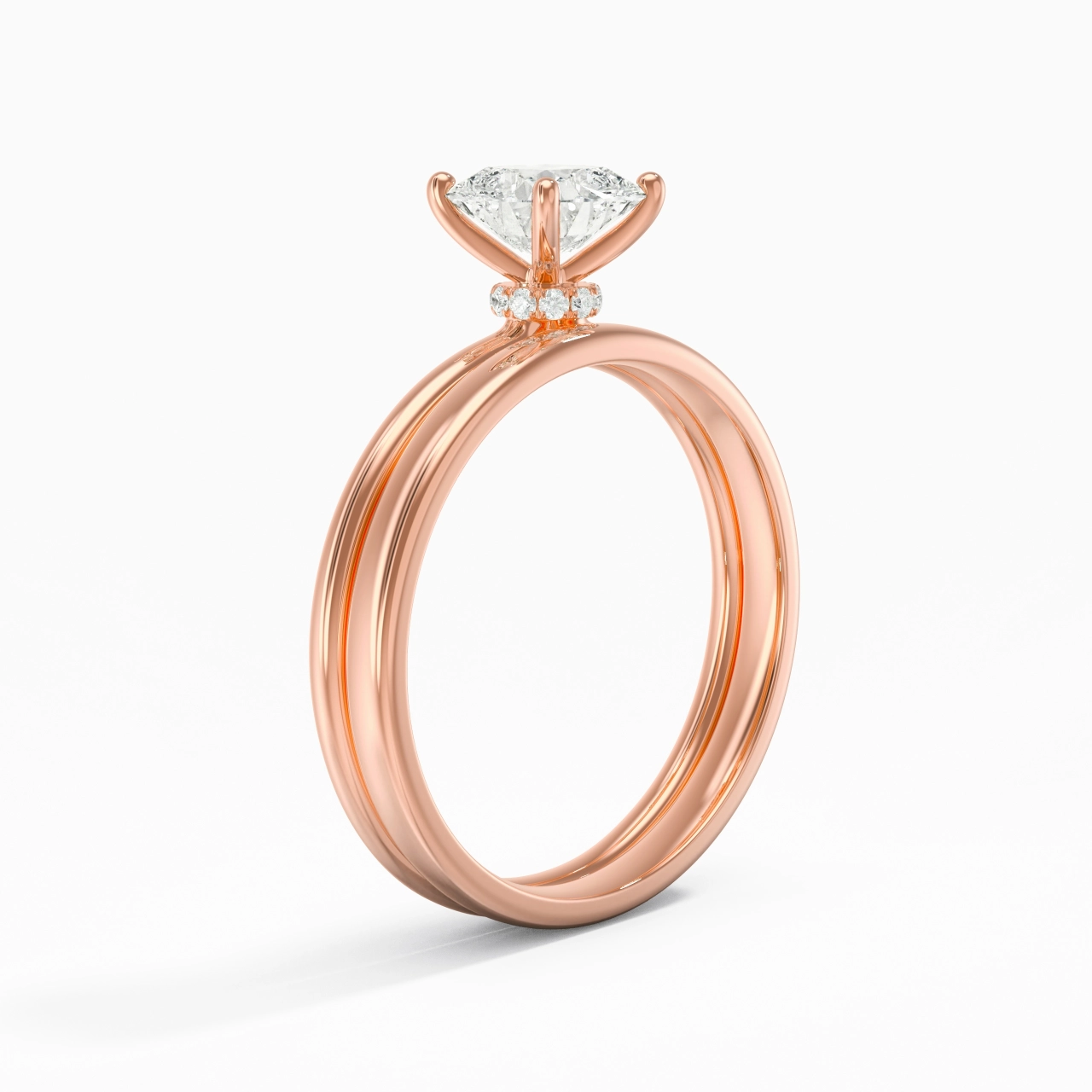 18K Rose Gold Hidden Halo Traditional Shank Wedding Ring Set