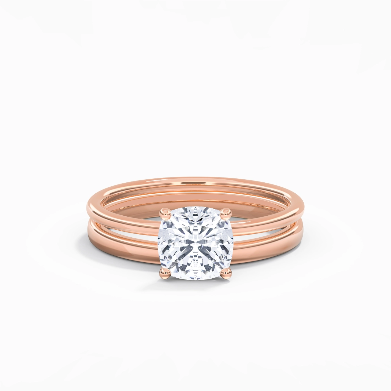 14K Rose Gold Hidden Halo Traditional Shank Wedding Ring Set