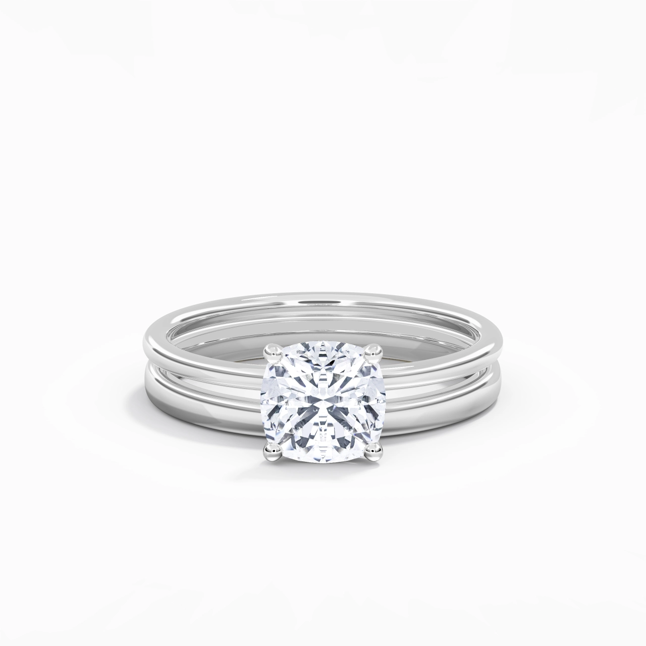 14K White Gold Hidden Halo Traditional Shank Wedding Ring Set