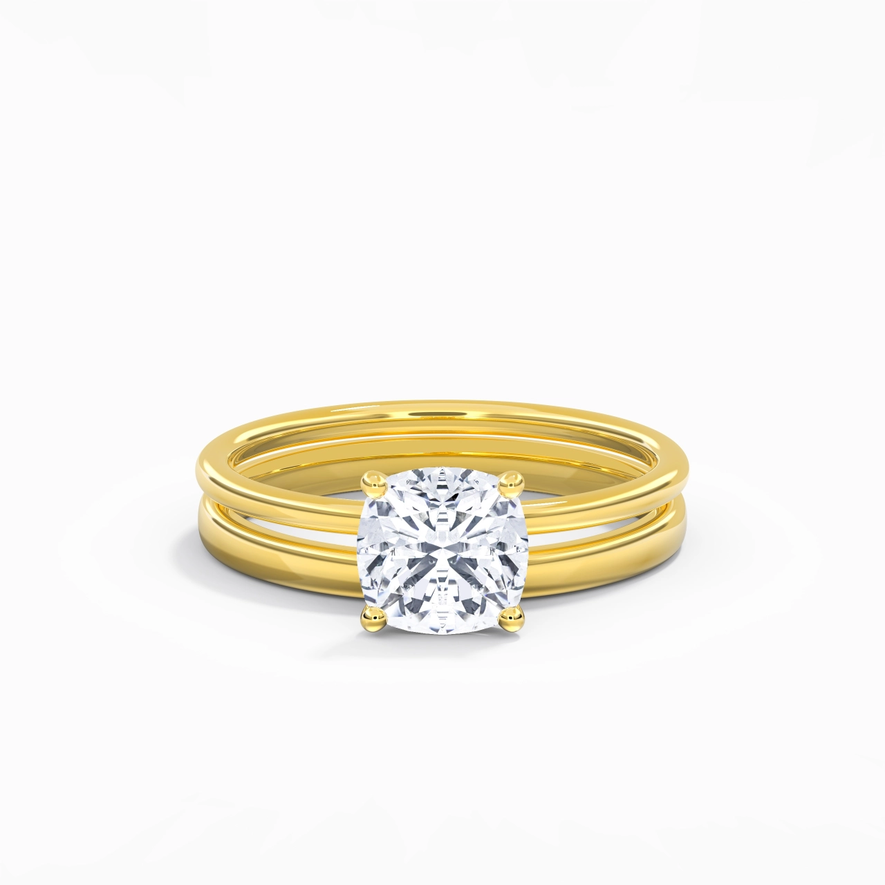 18K Gold Hidden Halo Traditional Shank Wedding Ring Set