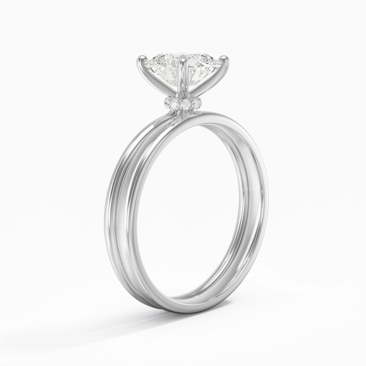 14K White Gold Hidden Halo Traditional Shank Wedding Ring Set