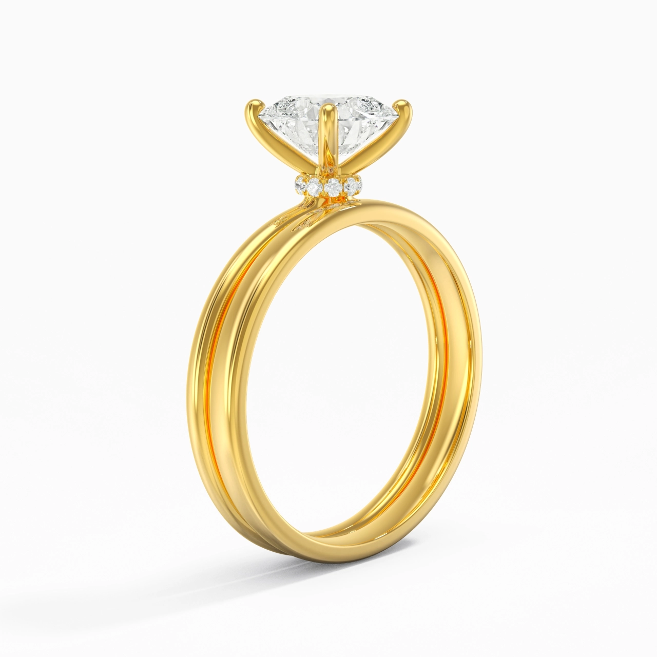 18K Gold Hidden Halo Traditional Shank Wedding Ring Set
