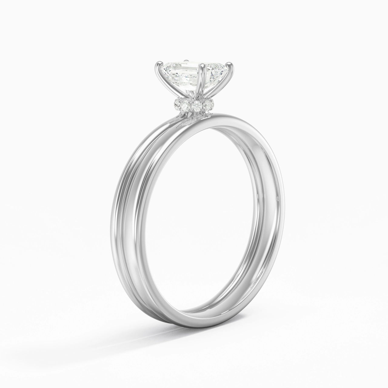 14K White Gold Hidden Halo Traditional Shank Wedding Ring Set