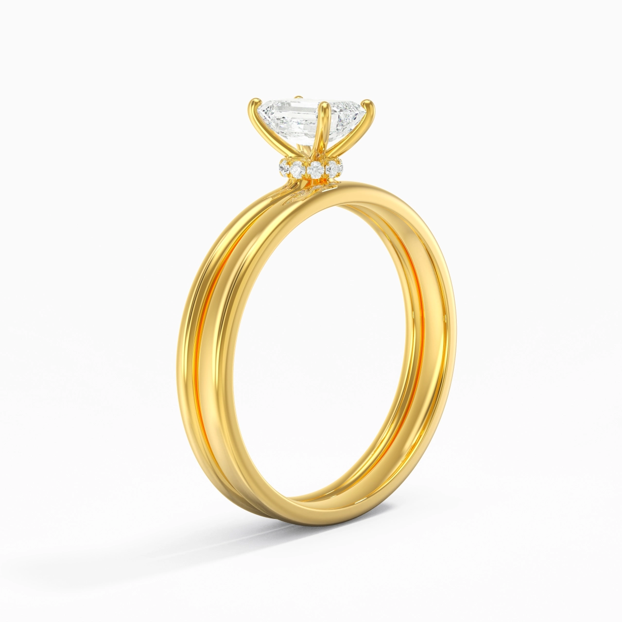 14K Gold Hidden Halo Traditional Shank Wedding Ring Set