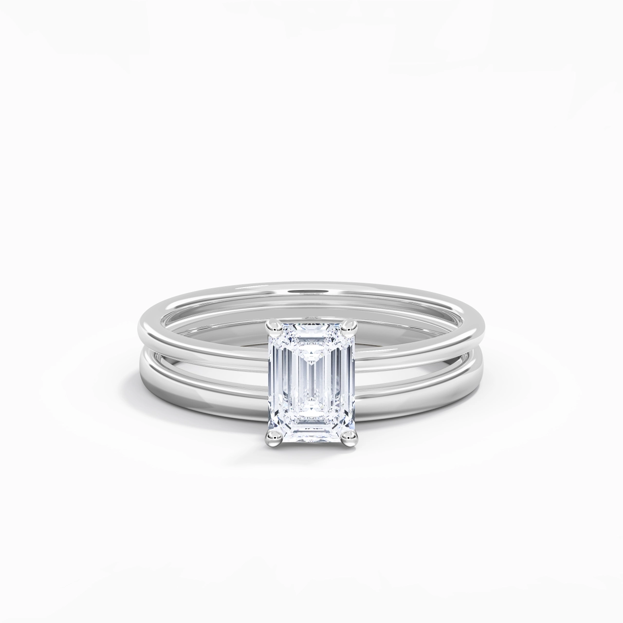 14K White Gold Hidden Halo Traditional Shank Wedding Ring Set