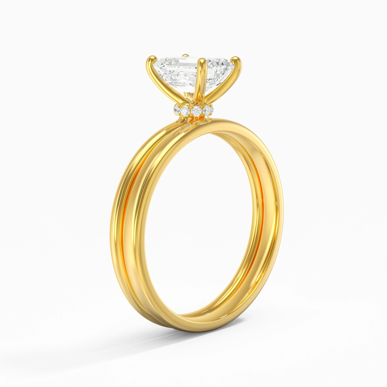 18K Gold Hidden Halo Traditional Shank Wedding Ring Set