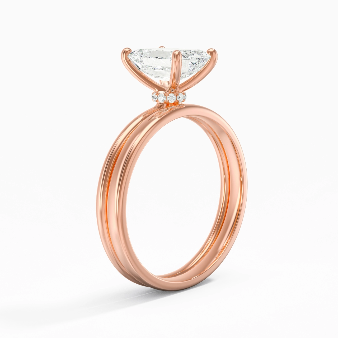 18K Rose Gold Hidden Halo Traditional Shank Wedding Ring Set