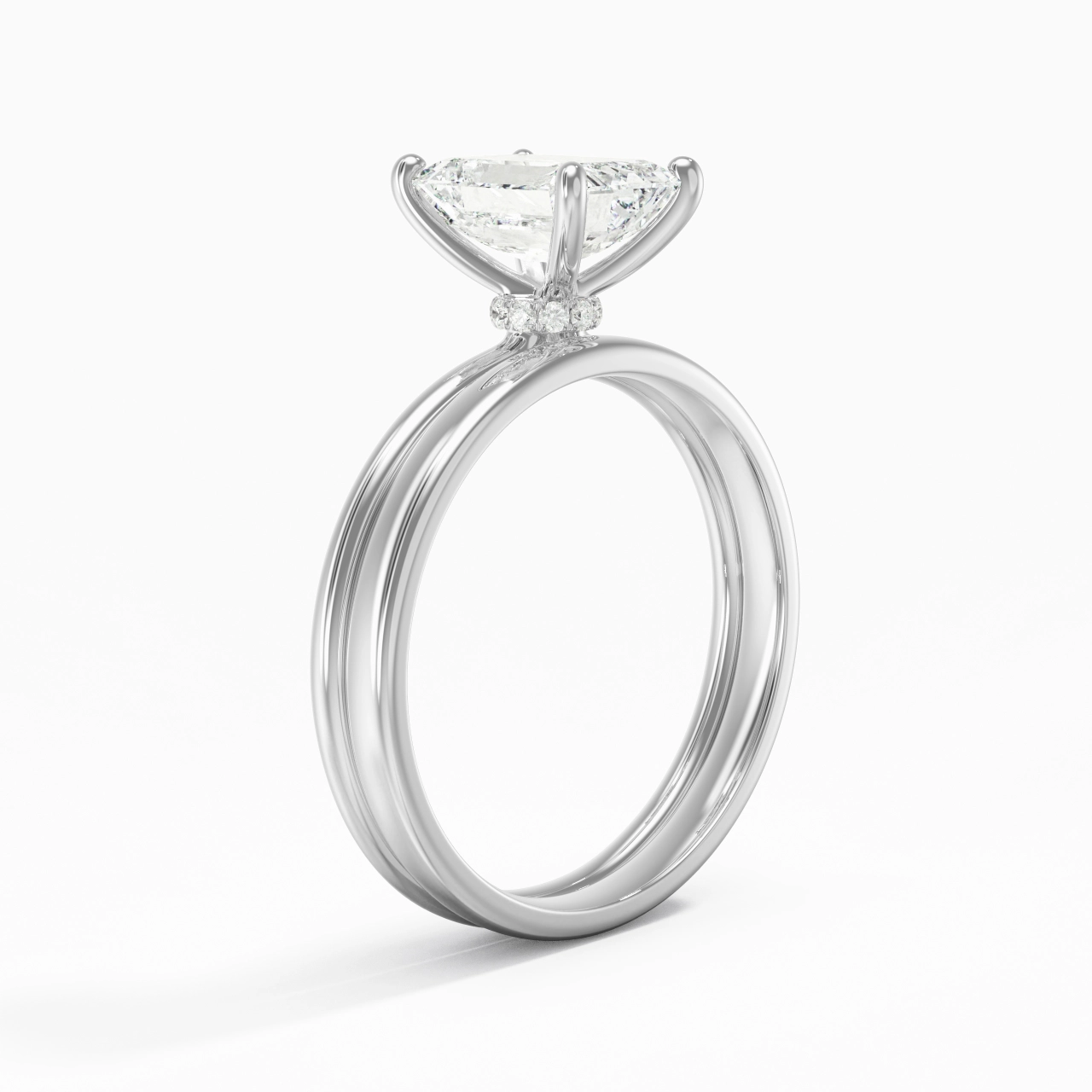 14K White Gold Hidden Halo Traditional Shank Wedding Ring Set