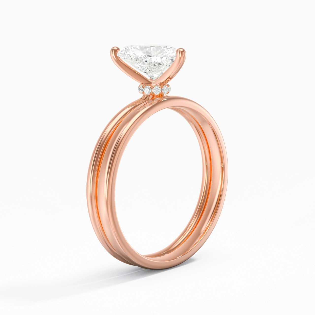 14K Rose Gold Hidden Halo Traditional Shank Wedding Ring Set