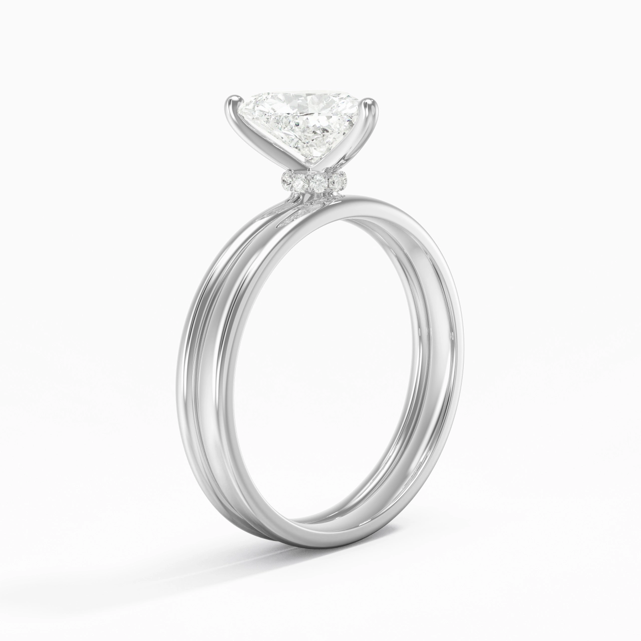14K White Gold Hidden Halo Traditional Shank Wedding Ring Set