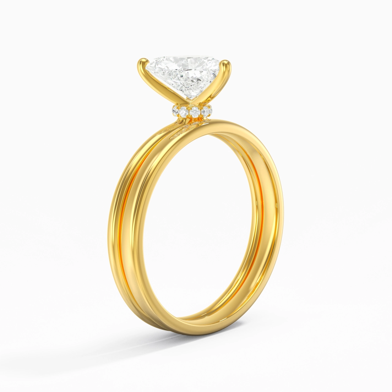 14K Gold Hidden Halo Traditional Shank Wedding Ring Set