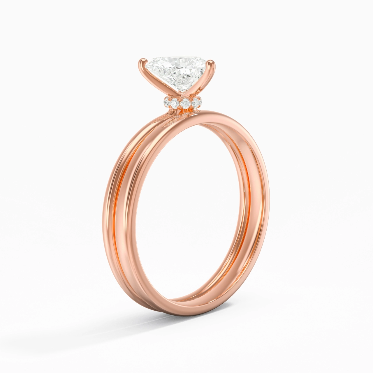 18K Rose Gold Hidden Halo Traditional Shank Wedding Ring Set
