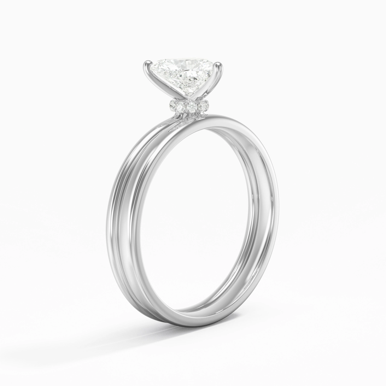 14K White Gold Hidden Halo Traditional Shank Wedding Ring Set