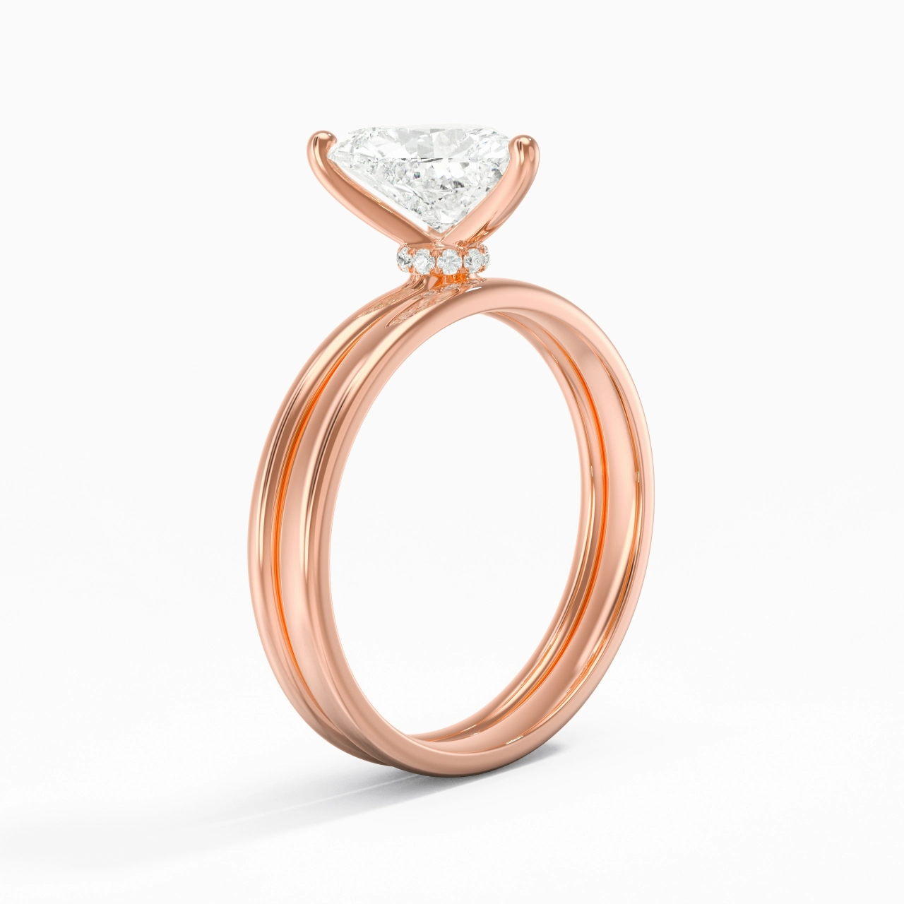 14K Rose Gold Hidden Halo Traditional Shank Wedding Ring Set