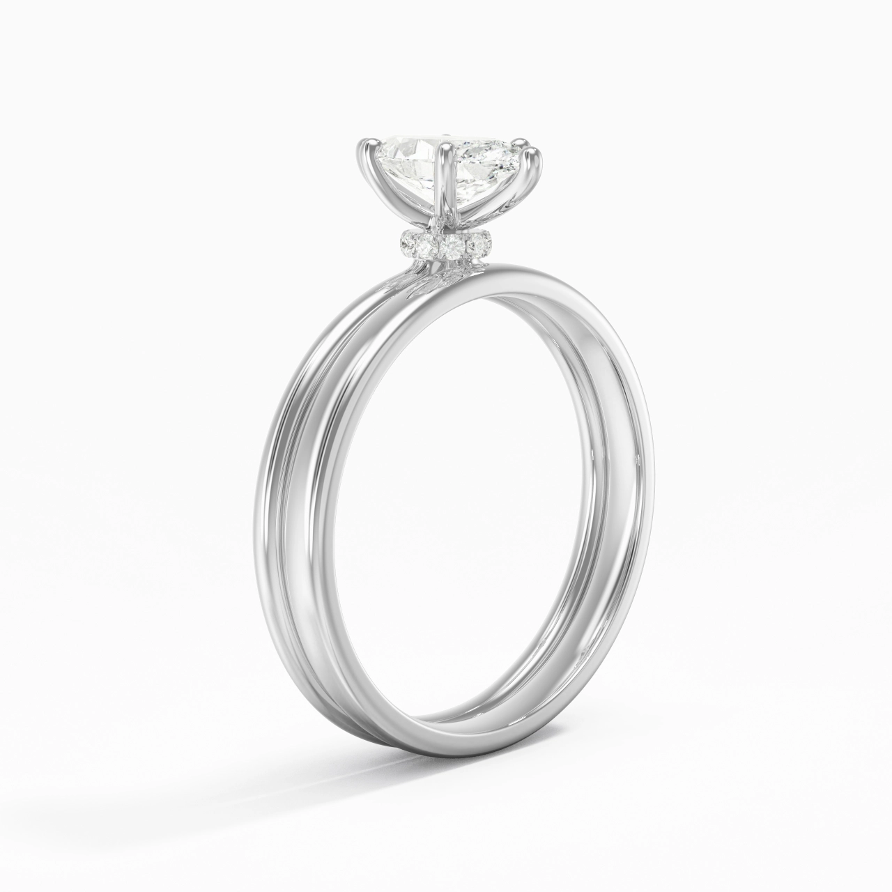 14K White Gold Hidden Halo Traditional Shank Wedding Ring Set