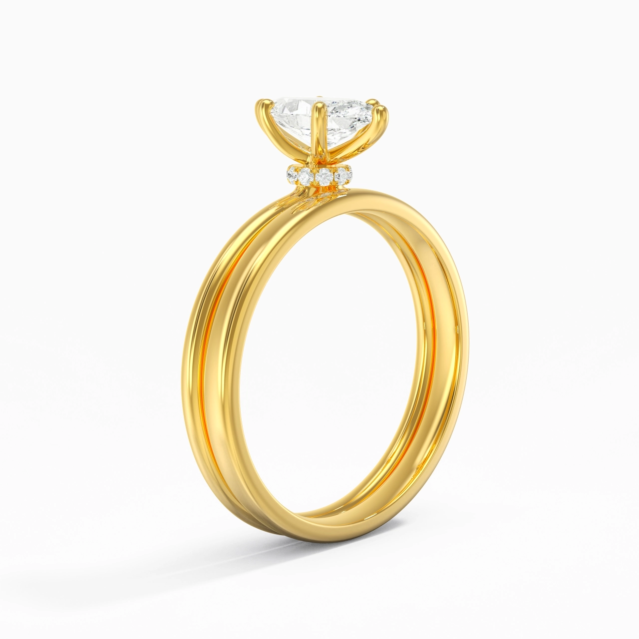 14K Gold Hidden Halo Traditional Shank Wedding Ring Set