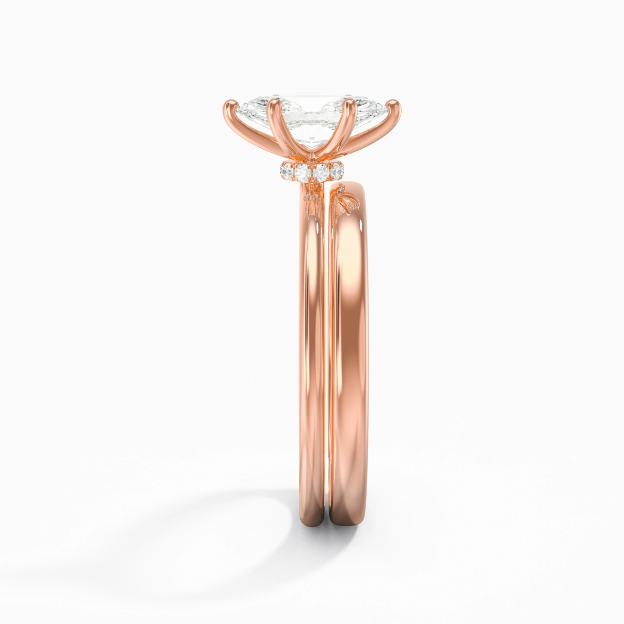 18K Rose Gold Hidden Halo Traditional Shank Wedding Ring Set