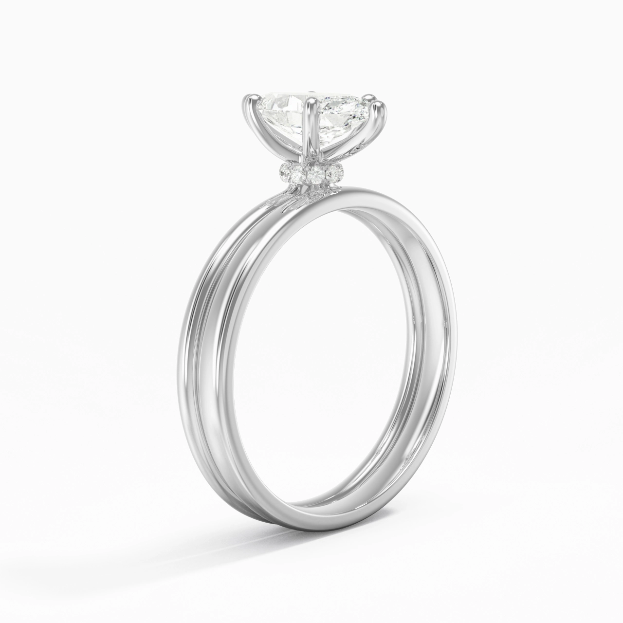 14K White Gold Hidden Halo Traditional Shank Wedding Ring Set