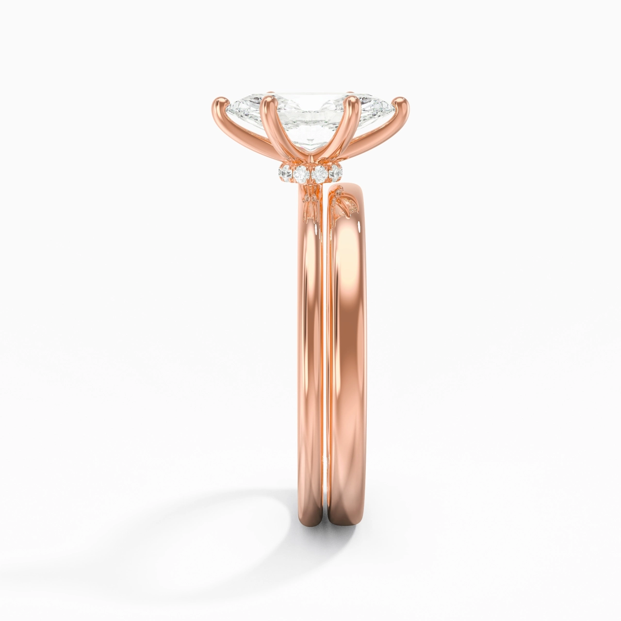 18K Rose Gold Hidden Halo Traditional Shank Wedding Ring Set