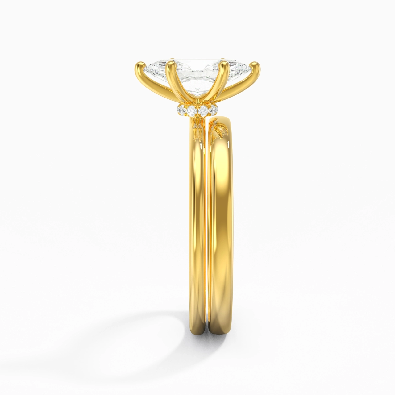 18K Gold Hidden Halo Traditional Shank Wedding Ring Set