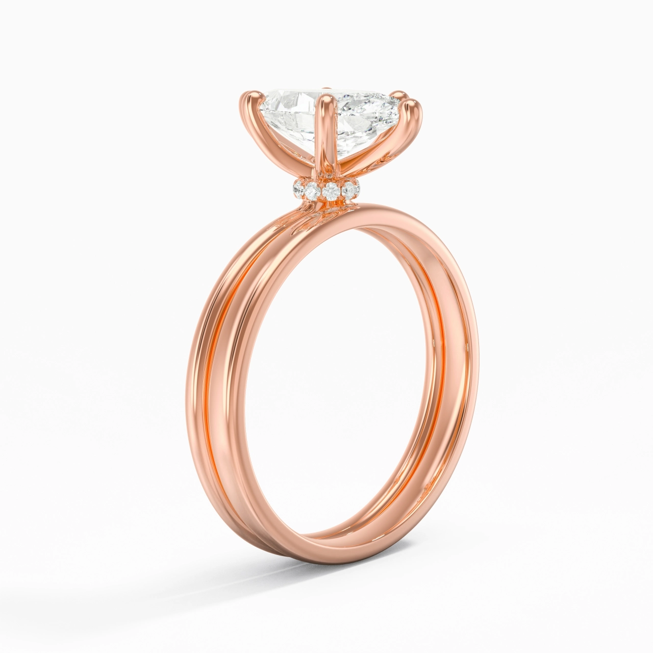 18K Rose Gold Hidden Halo Traditional Shank Wedding Ring Set
