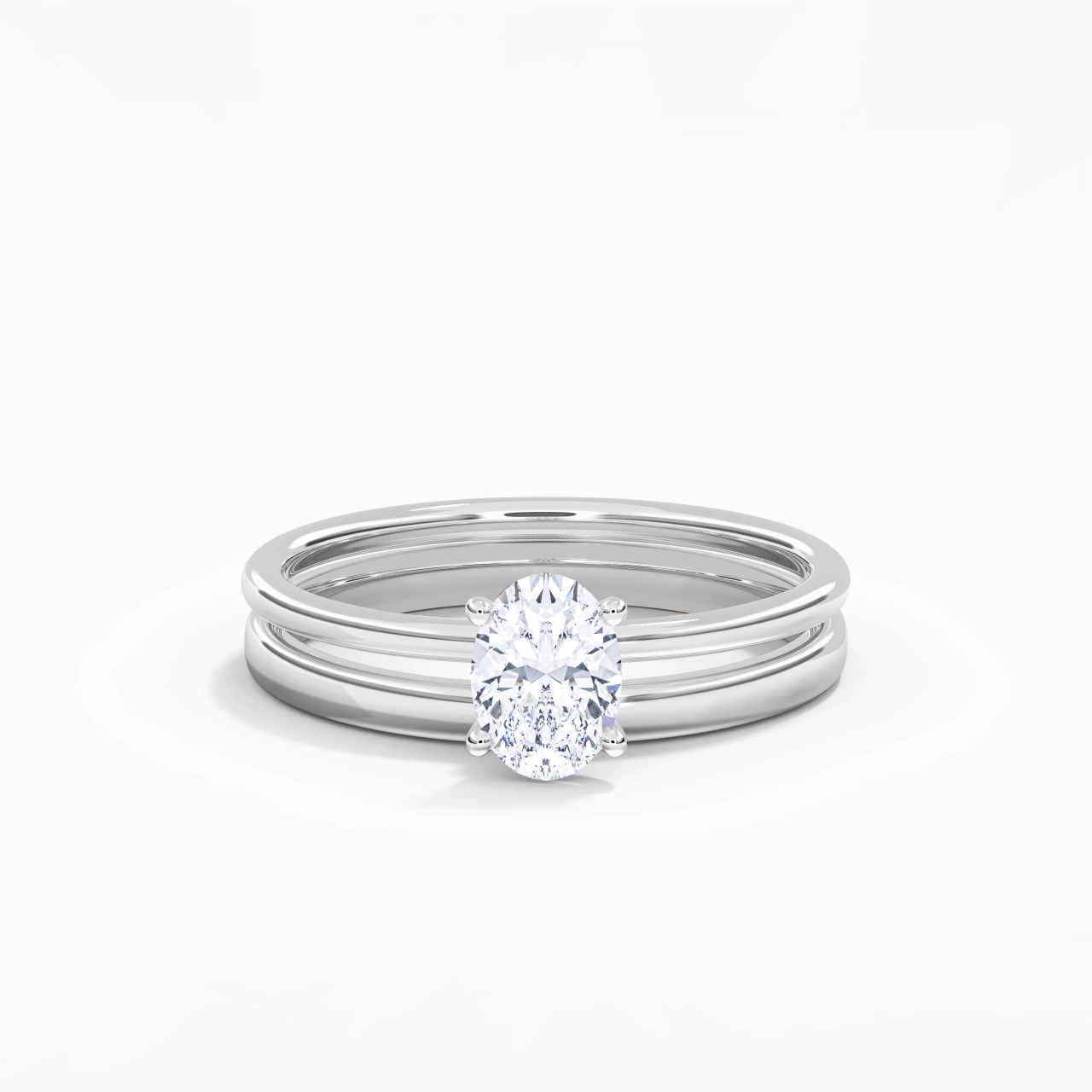 14K White Gold Hidden Halo Traditional Shank Wedding Ring Set