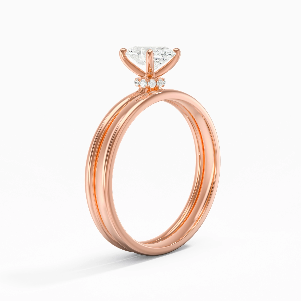 18K Rose Gold Hidden Halo Traditional Shank Wedding Ring Set