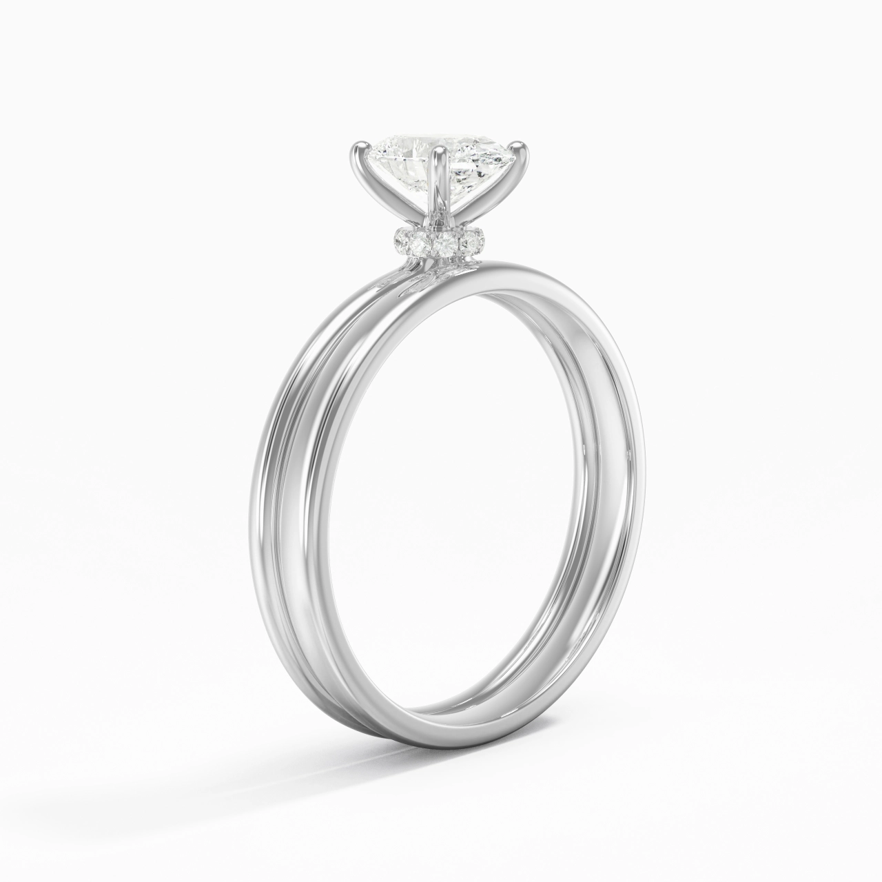 14K White Gold Hidden Halo Traditional Shank Wedding Ring Set