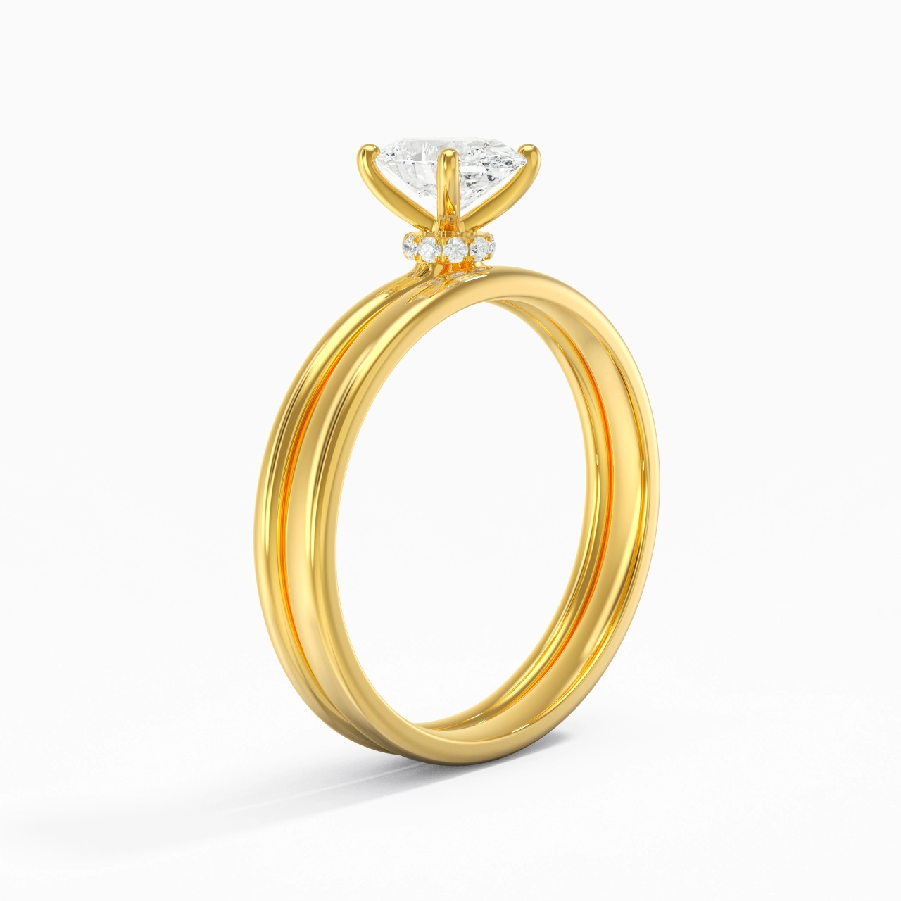 18K Gold Hidden Halo Traditional Shank Wedding Ring Set